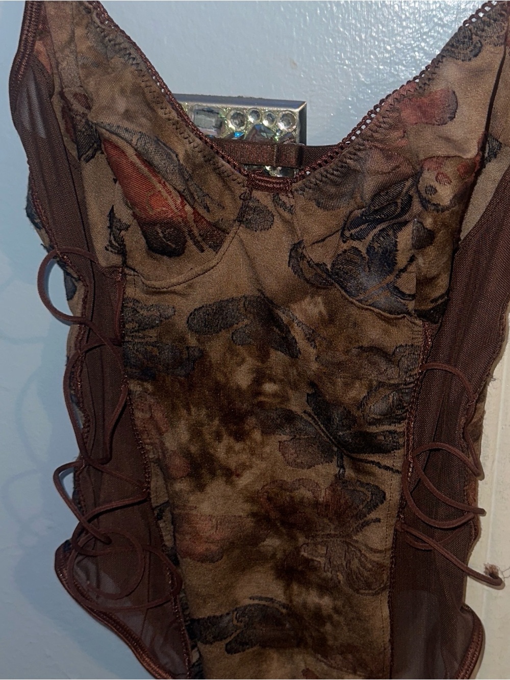 ROMWE Floral Mesh Lace-Up Bodysuit